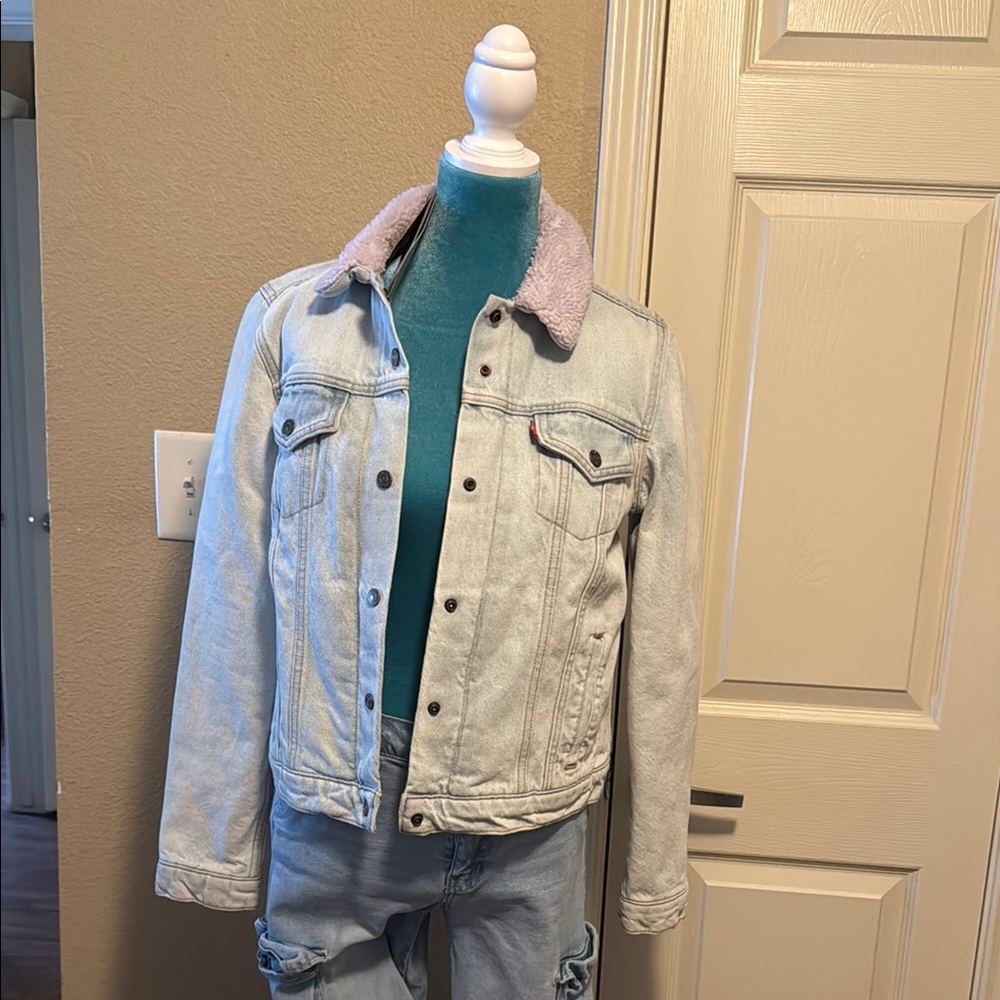 Levi's Light Blue Denim Jacket with Pink Collar
